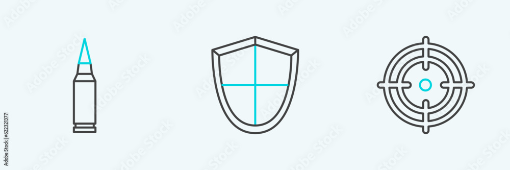 Set line Target sport, Bullet and Shield icon. Vector Set line Target sport, Bullet and Shield icon. Vector