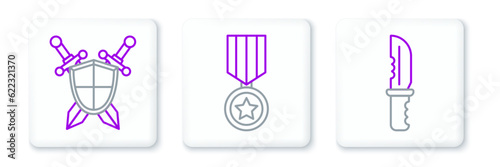 Set line Military knife, Medieval shield with crossed swords and reward medal icon. Vector