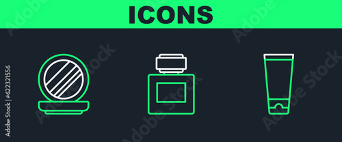 Set line Cream or lotion cosmetic tube, Makeup powder with mirror and Aftershave icon. Vector