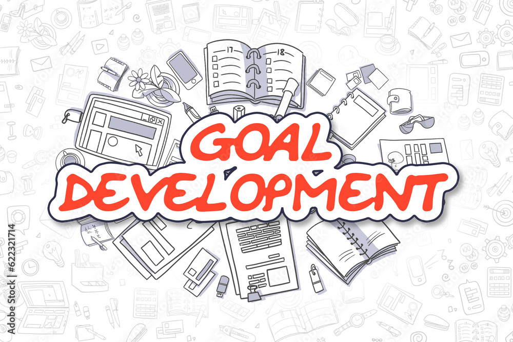 Red Inscription - Goal Development. Business Concept with Cartoon Icons. Goal Development - Hand Drawn Illustration for Web Banners and Printed Materials.