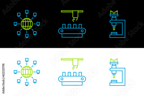 Set line Microscope  Social network and Factory conveyor system belt icon. Vector