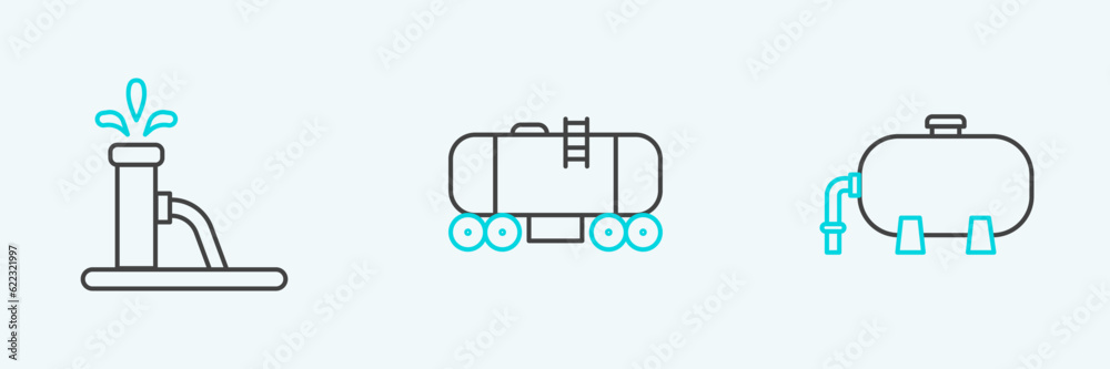 Set line Oil industrial factory building, pump pump jack and railway cistern icon. Vector Set line Oil industrial factory building, pump pump jack and railway cistern icon. Vector