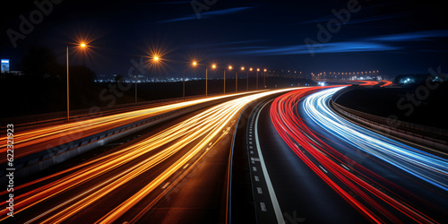 Car light trails on the highway at night. Long exposure photo created with AI 
