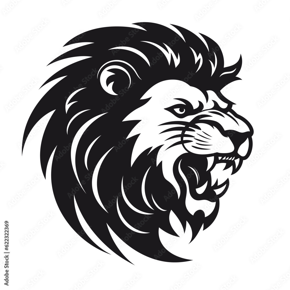 Roaring lion head vector isolated on white background. Black and white illustration
