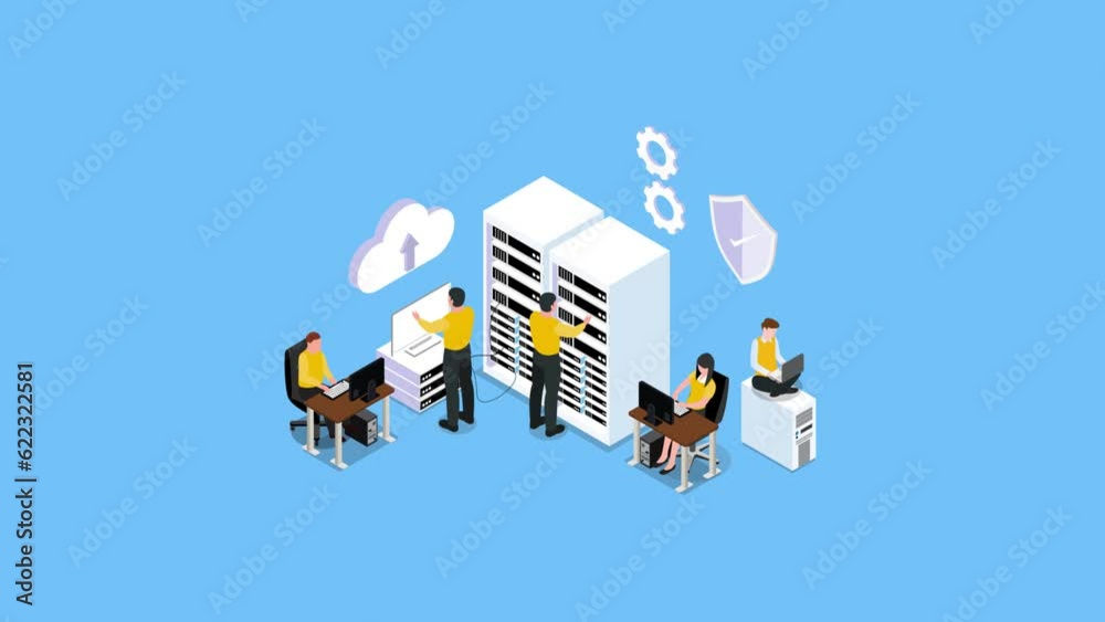 Group of engineers working on a server computer