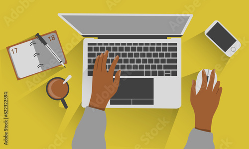 Office desk with laptop workspace equipment and black person hands drawing with long shadows vector