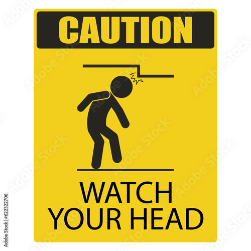 Isolated illustration of man walking with head hit low ceiling for safety sign mind your head, low up ceiling caution, head lowering instruction, drop hazard