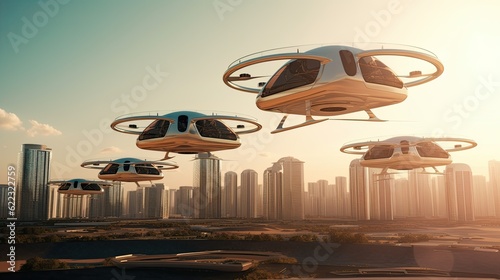 Eco friendly modern and futuristic air taxis flying in modern city. Generative AI.