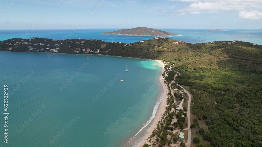 Boats at Magens beach on St. Thomas Island seen from the sky