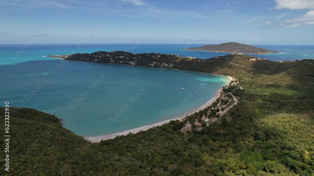 Catamarans at Magens beach on St. Thomas Island seen from the sky
