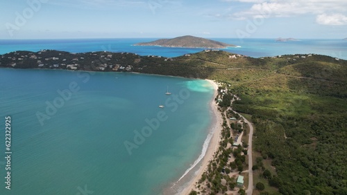 Boats at Magens beach on St. Thomas Island seen from the sky © Zenistock