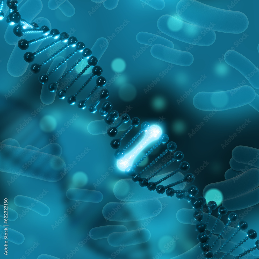 3D medical background with DNA and one glowing strand 3D medical background with DNA and one glowing strand