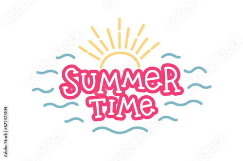 Summer time lettering with sun and waves, quote for designs and prints. Hand drawn vector illustration