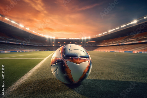A ball is positioned on the soccer stadium. Generative Ai.