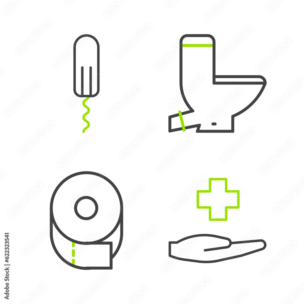 Set line Cross hospital medical, Toilet paper roll, bowl and Sanitary tampon icon. Vector Set line Cross hospital medical, Toilet paper roll, bowl and Sanitary tampon icon. Vector