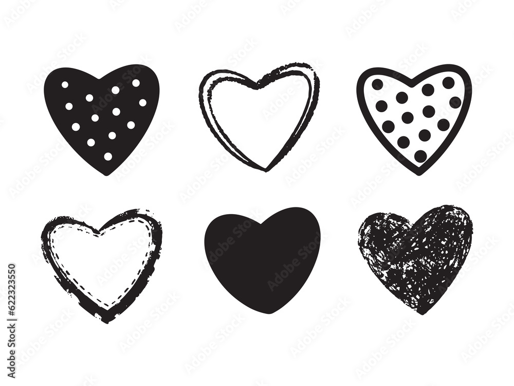 Vector heart sketch doodle illustration set with broken heart shape. Set of hand drawn hearts. Black and white monochrome collection.