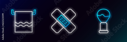 Set line Shaving brush, Towel on hanger and Crossed bandage plaster icon. Glowing neon. Vector