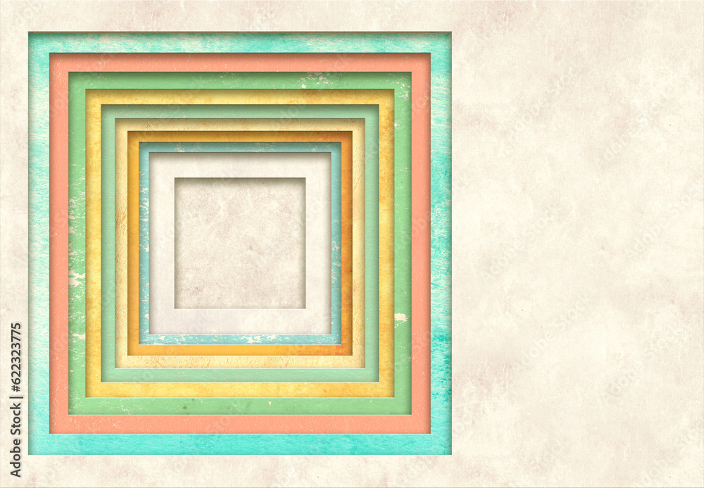 Grunge background with texture of old colored paper of pink, green, yellow, blue colors and geometric square frame