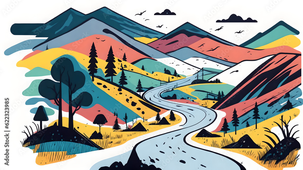 white background, multicolor, scenery, ink, toll road, raod trip, cartoon style white background, multicolor, scenery, ink, toll road, raod trip, cartoon style