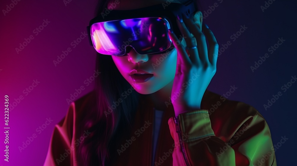 Virtual reality 3d augmented experience exited digital generate person wear vr glasses goggle headset hand gesture touch 3d object in virtual world fun cheerful and remarkable,generative ai Virtual reality 3d augmented experience exited digital generate person wear vr glasses goggle headset hand gesture touch 3d object in virtual world fun cheerful and remarkable,generative ai
