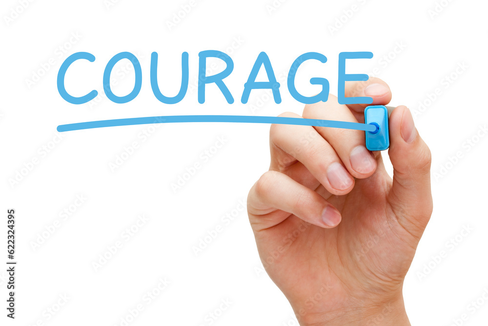 Hand writing Courage with blue marker on transparent wipe board. Hand writing Courage with blue marker on transparent wipe board.