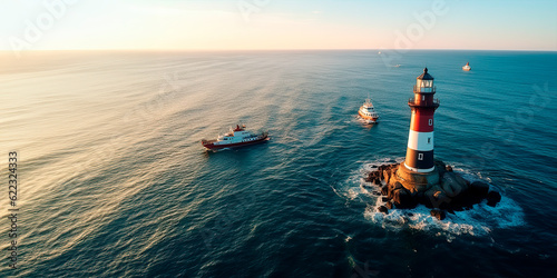 A lighthouse guiding a ship at sea photo