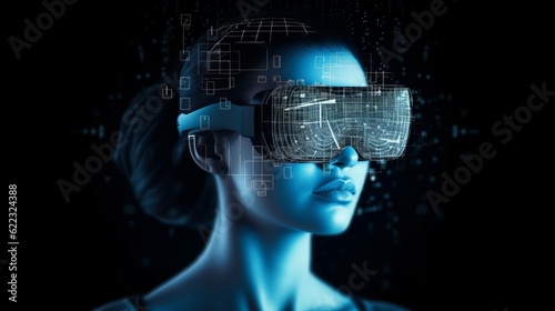 Virtual reality 3d augmented experience exited digital generate person wear vr glasses goggle headset hand gesture touch 3d object in virtual world fun cheerful and remarkable generative ai