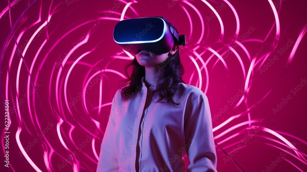 Virtual reality 3d augmented experience exited digital generate person wear vr glasses goggle headset hand gesture touch 3d object in virtual world fun cheerful and remarkable,generative ai Virtual reality 3d augmented experience exited digital generate person wear vr glasses goggle headset hand gesture touch 3d object in virtual world fun cheerful and remarkable,generative ai
