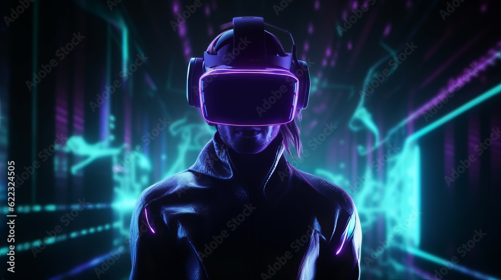 Virtual reality 3d augmented experience exited digital generate person wear vr glasses goggle headset hand gesture touch 3d object in virtual world fun cheerful and remarkable,generative ai Virtual reality 3d augmented experience exited digital generate person wear vr glasses goggle headset hand gesture touch 3d object in virtual world fun cheerful and remarkable,generative ai