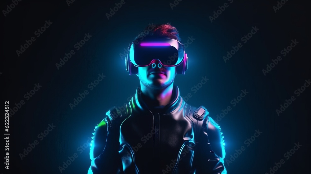 Virtual reality 3d augmented experience exited digital generate person wear vr glasses goggle headset hand gesture touch 3d object in virtual world fun cheerful and remarkable,generative ai Virtual reality 3d augmented experience exited digital generate person wear vr glasses goggle headset hand gesture touch 3d object in virtual world fun cheerful and remarkable,generative ai
