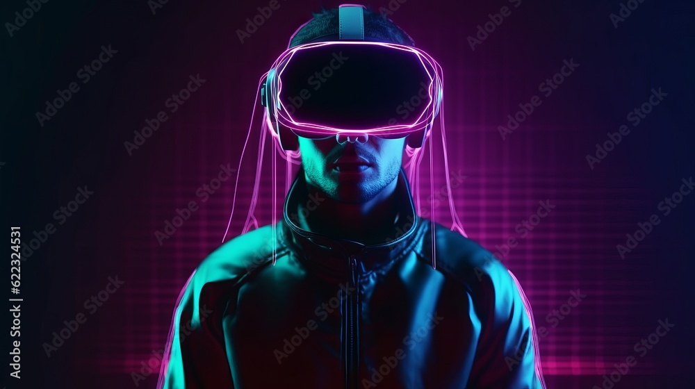 Virtual reality 3d augmented experience exited digital generate person wear vr glasses goggle headset hand gesture touch 3d object in virtual world fun cheerful and remarkable,generative ai