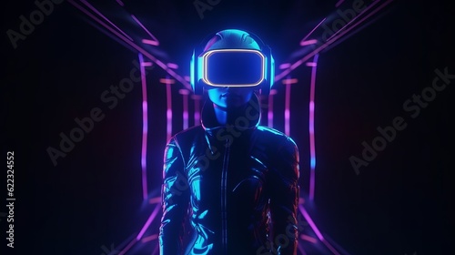 Virtual reality 3d augmented experience exited digital generate person wear vr glasses goggle headset hand gesture touch 3d object in virtual world fun cheerful and remarkable,generative ai © VERTEX SPACE