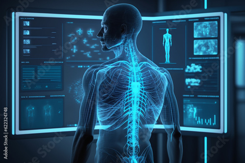 Medicine Doctor Using Modern Xray Computer Diagnose, Virtual Human Hologram Background