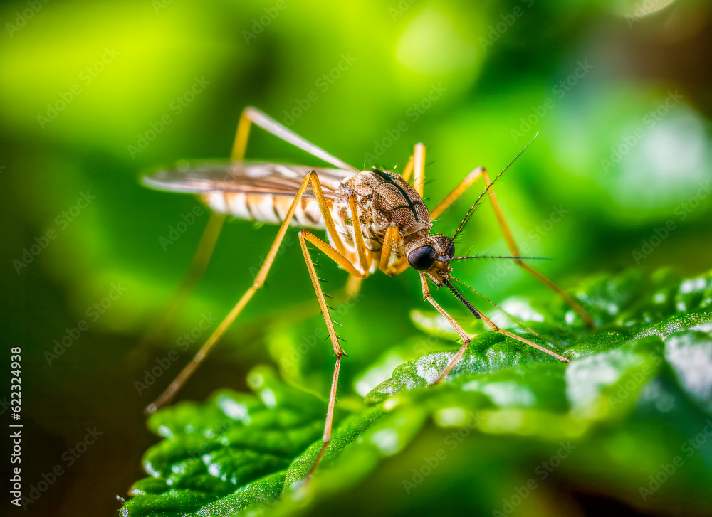 Makroaufnahme einer Mücke, Stechmücke (Culicidae) , auf einem Strauch, Generative AI Makroaufnahme einer Mücke, Stechmücke (Culicidae) , auf einem Strauch, Generative AI