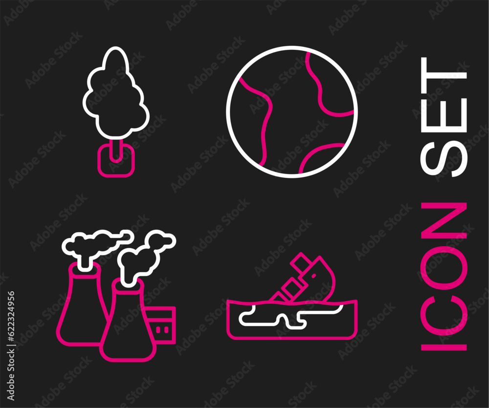 Set line Wrecked oil tanker ship, Smoke from factory, Earth globe and Tree icon. Vector Set line Wrecked oil tanker ship, Smoke from factory, Earth globe and Tree icon. Vector