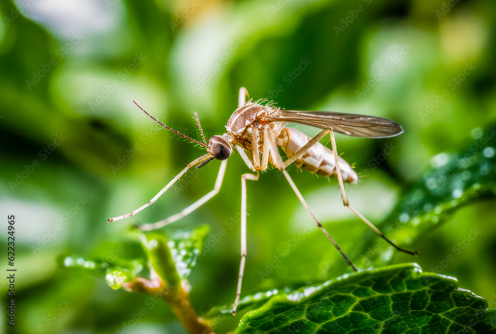 Makroaufnahme einer Mücke, Stechmücke (Culicidae) , auf einem Strauch, Generative AI Makroaufnahme einer Mücke, Stechmücke (Culicidae) , auf einem Strauch, Generative AI