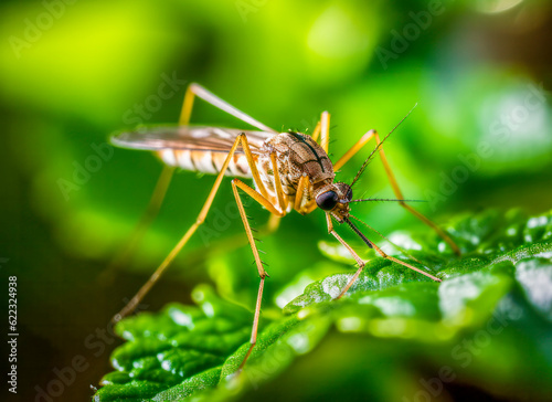 Makroaufnahme einer Mücke, Stechmücke (Culicidae) , auf einem Strauch, Generative AI © pwmotion