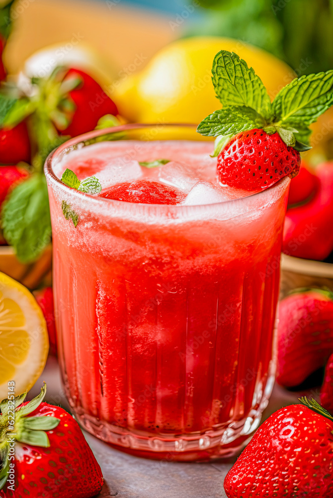 Erfrischende Erdbeerlimonade mit Zitrone und Eis im Glas, Generative AI Erfrischende Erdbeerlimonade mit Zitrone und Eis im Glas, Generative AI