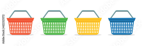 Set of empty shopping basket isolated on white background. Grocery food basket. Plastic market basket. Vector stock