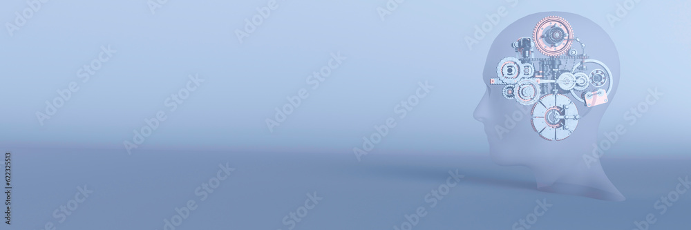 Blue sky thinking concept with cogs and gears running inside a head 3d render Blue sky thinking concept with cogs and gears running inside a head 3d render