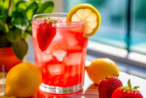 Erfrischende Erdbeerlimonade mit Zitrone und Eis im Glas, Generative AI