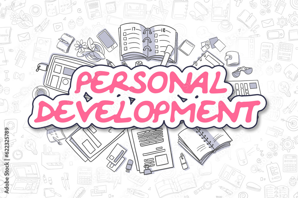 Cartoon Illustration of Personal Development, Surrounded by Stationery. Business Concept for Web Banners, Printed Materials.