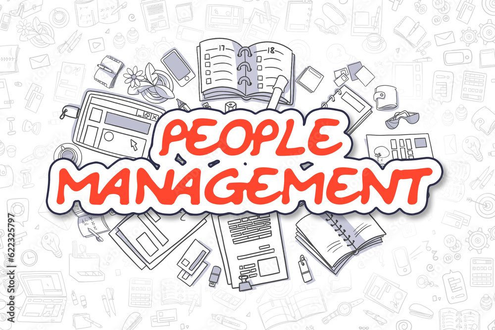 Doodle Illustration of People Management, Surrounded by Stationery. Business Concept for Web Banners, Printed Materials.