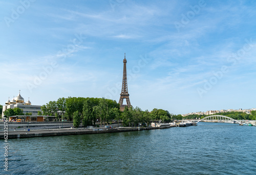 View of the Eiffel Tower and Seine River in Paris, France