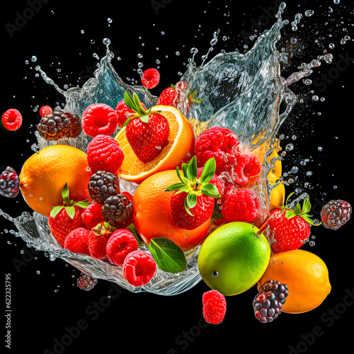 Verschiedene frische Früchte fallen in spritzendes Wasser, Generative AI