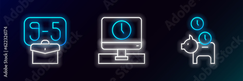 Set line Piggy bank with coin, From 9 and Monitor time icon. Glowing neon. Vector