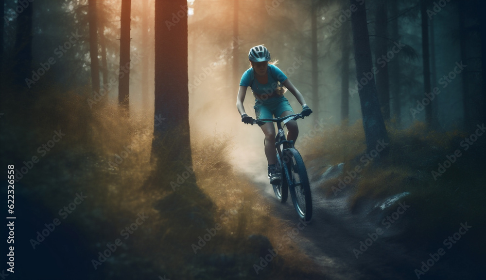 Obraz premium woman active forest walking dark bicycle sport sunset bike cycling summer. Generative AI.