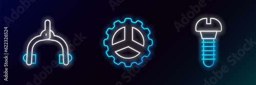 Set line Metallic screw, Bicycle brake calipers and sprocket crank icon. Glowing neon. Vector