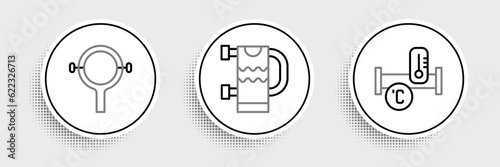 Set line Industry metallic pipe, Filter wrench and Heated towel rail icon. Vector