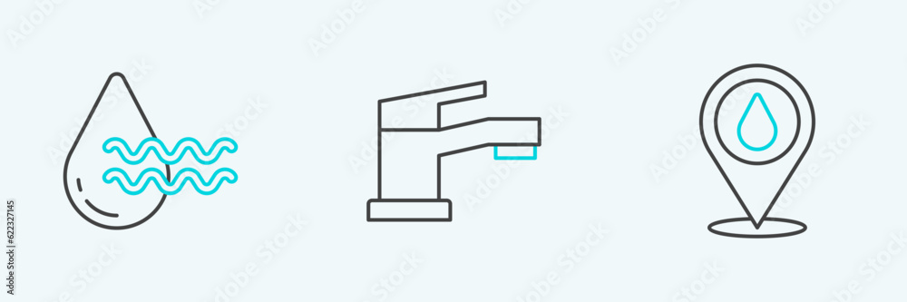 Set line Water drop with location, Recycle clean aqua and tap icon. Vector Set line Water drop with location, Recycle clean aqua and tap icon. Vector